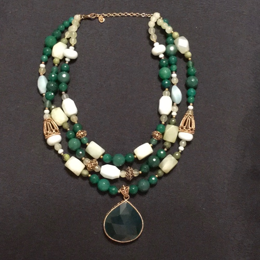 EUC, Faceted green gemstones,Jade,Marcasite,filigree goldtone.3"pendant,18"chain